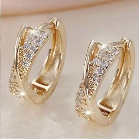 Dainty Golden-Plated Huggie Hoop Earrings with CZ - NEW - Picture 4 of 4